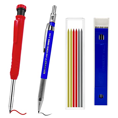 2 lápices de carpintero sólidos con recambio de marcador de 3 colores con sacapuntas integrado Lápiz mecánico de agujero profundo Juego de herramientas de construcción para carpintería Cover
