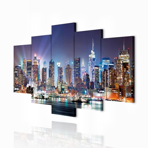 decomonkey - Impression sur Toile Intissé New York 100x50 5 Pièces - Tableau Décoration Appartement Cadre en Bois Photo Déco Salon Peinture sur Toile Maison