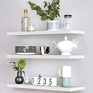Floating Shelves White Set of 3, Storage Wall Shelves,Thin Wall Floating Shelf Easy Install,Decoration Wall Mounted Display Shelves for Bedroom,Bathroom or Kitchen,Long 16.5 Inch,White