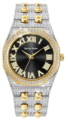 Gosasa Luxury Men's Diamond Watch Octagonal Roman Numerals Dial Iced Out Bling Hip Hop Quartz Wristwatch for Men Gold Silver Bracelet with Butterfly Clasp