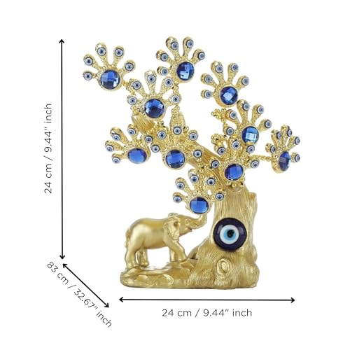 Image of eCraftIndia Blue Crystal and Evil Eye Lucky Tree with Gold Elephant Turkish Amulet Table Centerpiece Ornament Showpiece for Home Decor Office Protection Gift for Housewarming Birthday