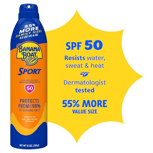 Image of Banana Boat Sport Ultra SPF 50 Sunscreen Spray, 9.5oz, Banana Boat Sunscreen Spray SPF 50, Oxybenzone Free Sunscreen, Spray On Sunscreen, Water Resistant Sunscreen, Family Size Sunscreen, 9.5oz