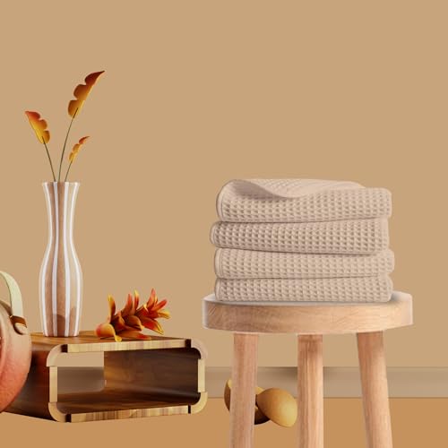 Image of Pure Cotton Waffle Towel | Lightweight | Anti Microbial and Water Absorbent | Soft Touch Quick Drying Hand Towels (Beige, Pack of 4)