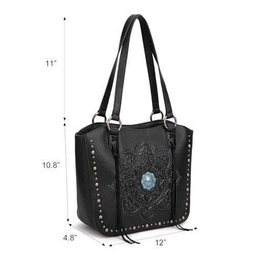 Image of Montana West Western Tooling Tote Bag with Wallet Set for Women Vintage Studded Top Handle Shoulder Handbag