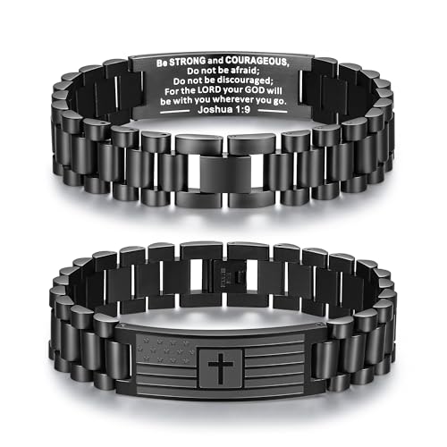TONY & SANDY Christian Gifts for Men American Flag Cross Bracelet, Stainless Steel Bible Verse Jewelry Birthday Baptism Christmas Stocking Stuffers for Men Adults