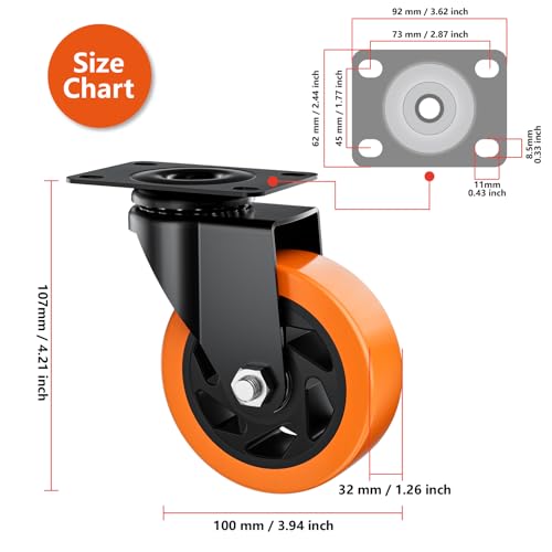 Image of 4 Inch Caster Wheels, Casters Set of 4 Heavy Duty, Orange Polyurethane (PU) Casters, Industrial Swivel Top Plate Castor Wheels for Workbench /Furniture /Cart (Pack of 4)