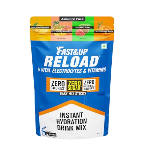 Image of Fast&Up Reload Electrolytes Powder Sachets | Zero Added Sugar Hydration Drink with 5 Essential Electrolytes Vitamin C & B12 | Summer Heat, Workout Recovery, Travel & Wellness | Assorted Pack of 4 Sachets