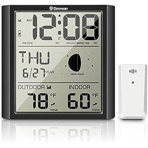 Geevon Digital Radio Wall Clock Alarm Clock with Indoor Outdoor Temperature, Calendar, Moon Phase for Home Office (1 Wireless Outdoor Sensor) Cover