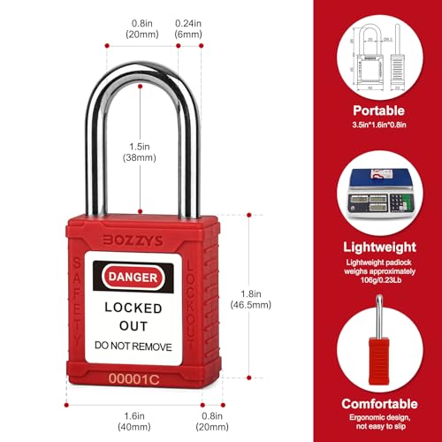 Image of Lockout Tagout Locks 6-Pack|OSHA Red Loto Locks Keyed Different|2 Keys /Lock for Industrial Machinery & Electrical Panels|Chrome Steel & Laser Coding