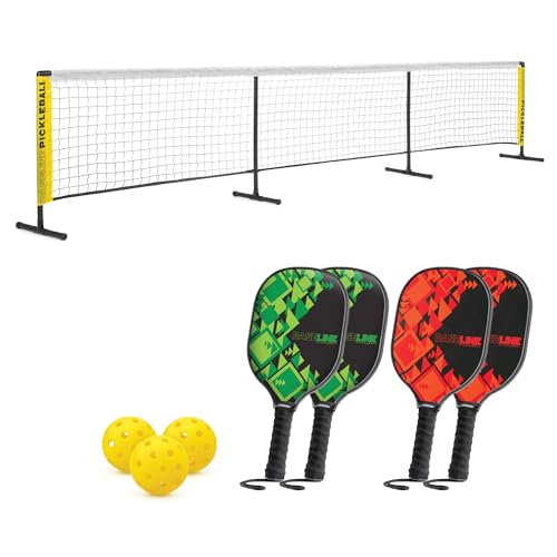 Baseline Pickleball 4 Player Set, FSC Wooden Paddle Bats with Net and Balls, Outdoor and Indoor Family Game for Kids and Adults