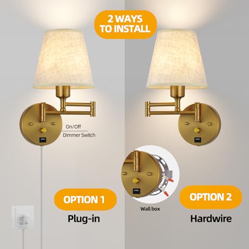 Affsure Bedside Wall Mount Light with Dimmable Switch and USB Port, Gold Swing Arm Fabric Shade Wall Sconce Light with Plug in Cord, Wall Lamp Perfect for Bedroom, Living Room and Hotel by Affsure - Used condition - Image 3