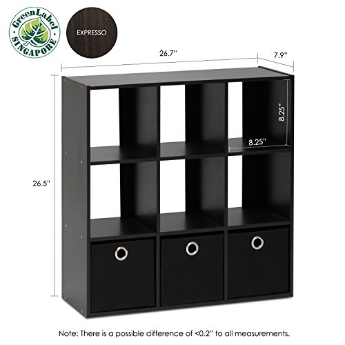 Furinno Simplistic Book Shelf, 9-Cube Bookshelf, Cube Storage Organizer Bookcase with Bins, 7.9 x 26.5 x 26.7, for Living Room, Bedroom, Home Office, Espresso/Black by Furinno - Used condition - Image 2