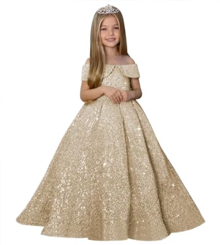 Pageant Dresses for Girls Sequin Off Shoulder Flower Girl Dresses Sparkly Ball Gown Kids Dress