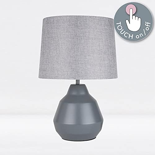 firstchoicelighting Modern Touch Operated Bedside Light Grey Touch Table Lamp Grey Fabric Shade 39cm Height LED Compatible Touch On Off Control Light