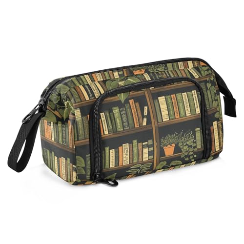 Image of Bookshelf Print Big Capacity Pencil Pen Case Large Pencil Pouch | Portable Multi Compartment Zipper Pencil Bags Stationery Storage for Men Women College Office