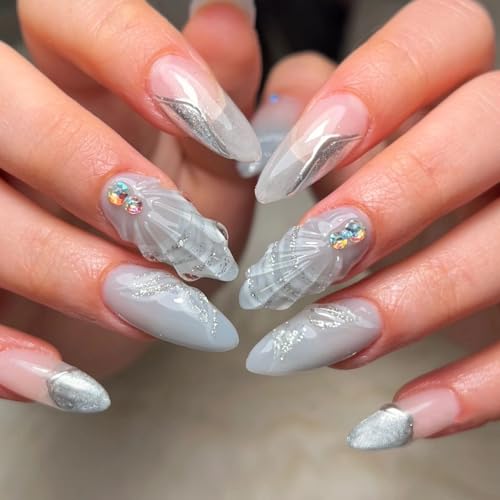 VOTACOS Light Blue Acrylic Press on Nails Almond Medium Summer Beach Acrylic Fake Nails Press Ons with Designs Glitter Rhinestone Glue on Nail for Women 24PCS Reusable Artificial Stick on False Nail — view 6