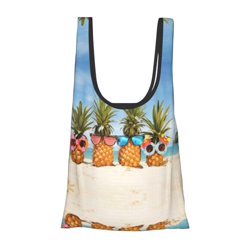 Ocean Beach Pineapples Print Grocery Shopping Bags Reusable With Flowers Plant Lover Gifts Shopping Bag Lightweight Foldable Bag