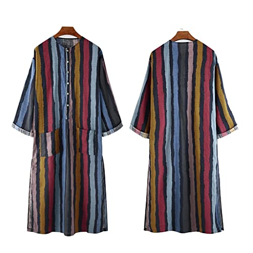 Mgchowue Herren Leicht Pyjama mit Langer Robe, Lange Ärmel Lose Morgenmantel Roben Nachtwäsche Hausmantel Pyjama mit Taschen (Color : Stripe, Size : XL) Cover