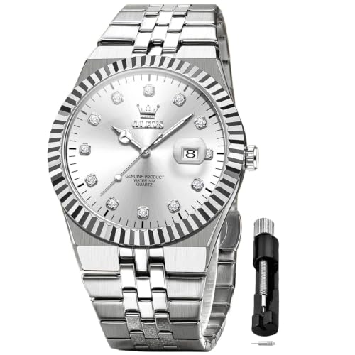 Image of OLEVS Mens Watches Luxury Diamond Calendar Stainless Steel Male Watches Business Dress Waterproof Luminous Fashion Watch for Men