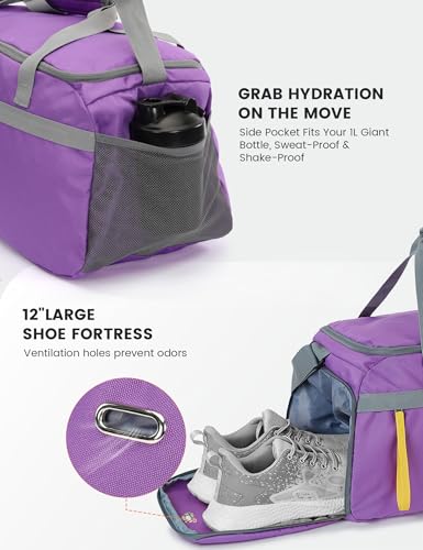 Image of SKYSPER Gym Bag for Men & Women with Shoe Compartment, Carry-on Gym Duffle Bag for Travel and Sports, Workout Overnight Bag with Large Wet Pocket, Purple