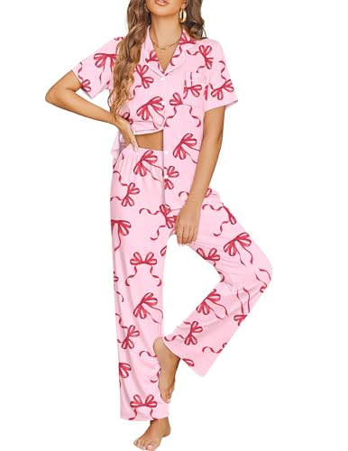Ekouaer Womens Pajama Sets Button Down Pjs Lounge Sets 2 Piece Short Sleeve Sleepwear Soft Comfy Loungewear,Bow,S