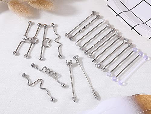 Bodyace 14G Crystal Long Industrial Earrings, Surgical Steel Industrial Bar Piercing Jewelry, Flexible Cartilage Earring Helix Conch Piercing Jewelry For Men Women 1 1/2"(38Mm) (C:20Pcs) #TOP6