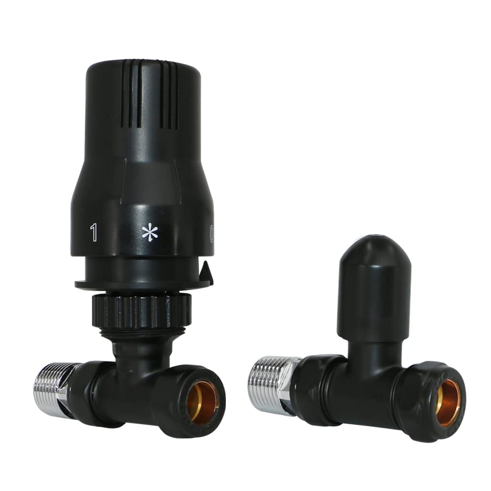 Warmehaus Black Thermostatic Radiator Valve 15Mm Straight Radiator Trv + Lockshield For Heated Towel Rail Radiator Straight