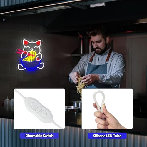 Image of Fortune Cat Ramen Neon Sign, 15.3 inchx13 inchJapanese Lucky Cat Noodle LED Light Signs for Ramen Restaurant, Dimmable Anime Ramen Cat Neon Lights up Living Room, Wall Decor, Home Bar, Kitchen Restaurant Dining