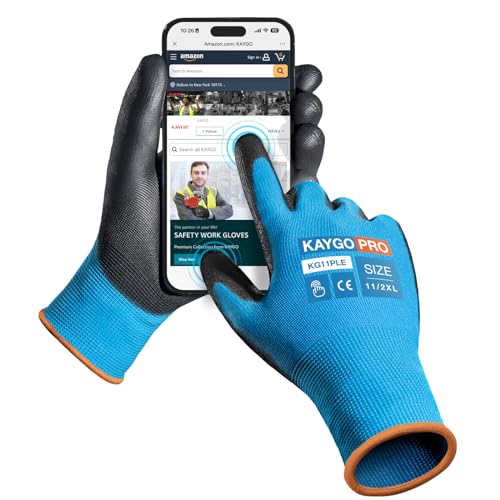 Image of KAYGO Safety Work Gloves, PU Coated, 2-Finger Touchscreen, KG11P | Breathable & Lightweight, Smooth Grip, 13-Gauge Seamless Knit, for Light Warehouse, Manufacturing, Gardening
