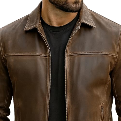 Vintage Mens Cafe Racer Distressed Brown Biker Leather Jacket-New Men Genuine Leather Jackets (Uk, Alpha, L, Regular, Regular, Distressed Brown) - 5