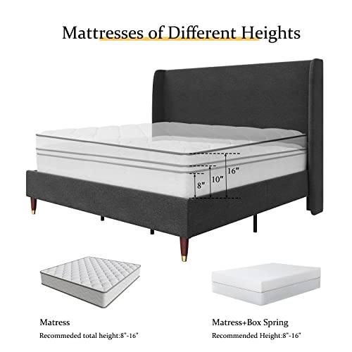 Jocisland Queen Size Bed Frame 51.2" High Linen Upholstered Platform Bed With Wingback Headboard/No Box Spring Needed/Easy Assembly/Dark Grey #TOP5
