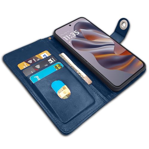Image of Pikkme Flip Cover Leather Finish | Inside TPU with Card Pockets | Wallet Stand and Shock Proof | Complete Protection Button Flip Case for Moto Edge 50 Neo 5G (Blue)