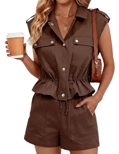 Korebow Womens 2 Piece Outfits Sleeveless Button Down Peplum Top