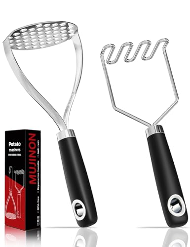 MUJINON 18/0 Stainless Steel Potato Mashers, 10.3-inch, Non-slip Handle, Kitchen Tool for Avocado Vegetable Sauce Butter Pumpkin Puree Bean, Dishwasher Safe, Pack of 2