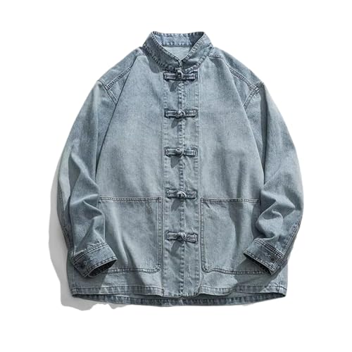 Autumn Mens Chinese Style Tang Suit Washed Denim Top Stand Collar Denim Jacket Men Casual Coat Jacket Men
