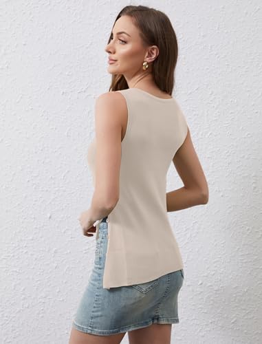 Image of Women Asymmetrical Button Sweater Vest Sleeveless Side Split Rib Knit Slim Fit Sweater Tank Top Summer Pullover Top