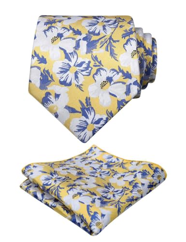 Alizeal Mens Floral Regular Necktie Pocket Square and Cufflinks Yellow