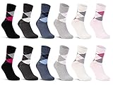 Extra feine Maschenqualität 6 oder 12 Paar Damen Socken Baumwolle Kariert Karo Komfortbund - E-800 (35-38, 12 Paar  Farbmix)