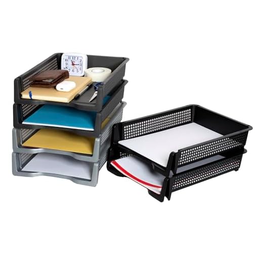 Organizador Folios 6 bandejas de Oficina apilables Incluye 2 Sobres Transparentes. Organizador de Escritorio para Folios a4 de plastico Resistente. Clasificador de Documentos para Oficina Escala Gris