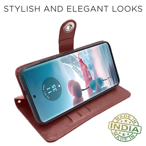Image of Pikkme Moto Edge 40 Neo 5G Flip Cover Leather Finish | Wallet Stand and Shock Proof | Inside TPU with Card Pockets | Complete Protection Button Flip Case (Brown)