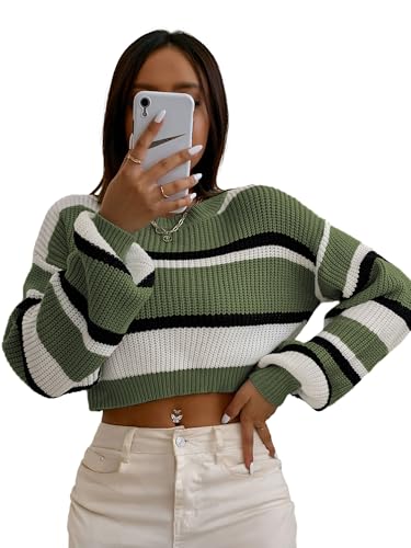 トップス MATSUFUJI Raven Pattern Crew Neck Knit ZAFUL Women's Color Block Striped Sweater Crew Neck Lantern