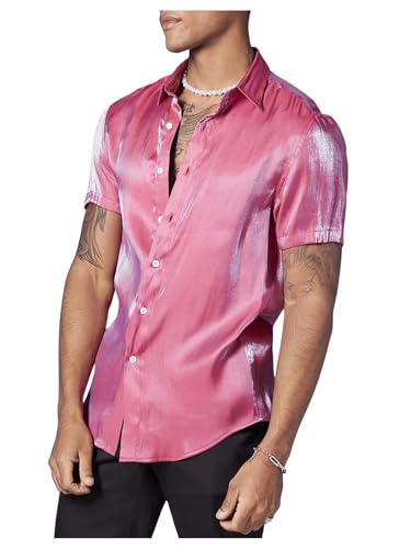 WDIRARA Men's Silk Satin Metallic Button Down Short Sleeve Collared Shirts Rave Disco Club Tops