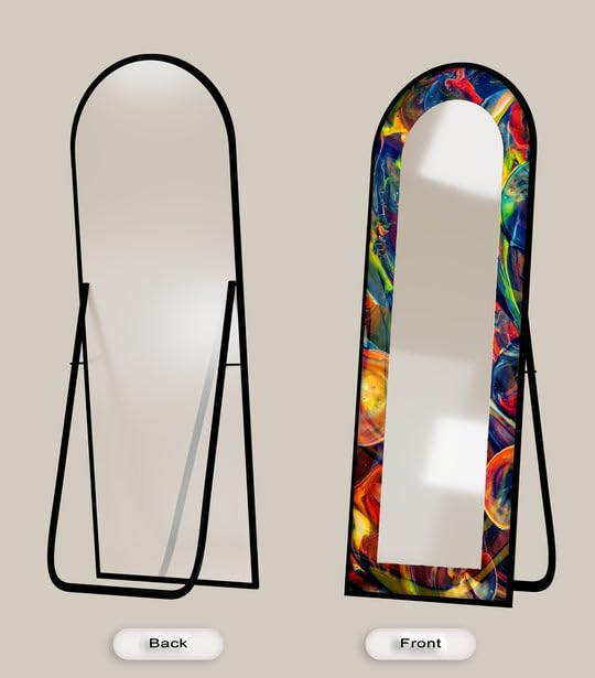 Specchio da terra con motivo astratto arcobaleno a vortice, lunghezza completa, 50,8 cm x 160 cm (larghezza x altezza), con cornice nera e cornice argentata