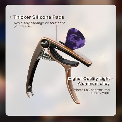 Image of TecoKart Guitar Capo with 5Pcs Picks, 3 in 1 Zinc Alloy Capo for Ukulele, Acoustic and Electric Guitars, Guitar Accessories for Clear Sound and Fret Protection