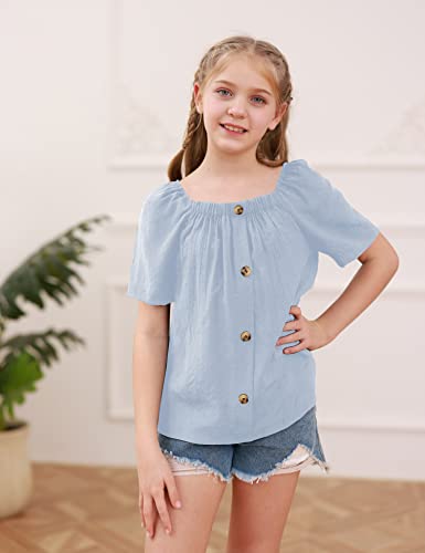 Girls Summer Blouses Short Sleeve Square Neck Button Down Tee Shirts Solid Casual Loose Fit Tops Blue #TOP2