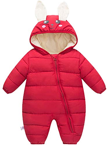 JELEUON Baby Infant Toddler Newborn Boys Girls One Piece Cute Rabbite Ears Puffer Down Hooded Jacket Jumpsuit Snowsuit Romper 6-9M Red