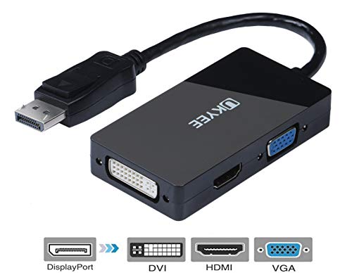 Display Port (DP) to HDMI DVI VGA Adapter, UKYEE Multi-Function 3-in-1 DisplayPort to DVI HDMI VGA Converter Adapter 1080P@60Hz Male to Female - Black