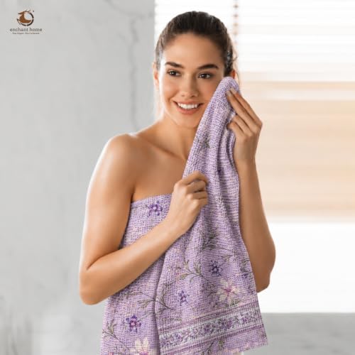 Image of Pure Cotton Printed Waffle Towel | Lightweight | Antimicrobial and Water Absorbent | Soft Touch Quick-Drying Bath Towel (Lilac Bloom, Pack of 1)