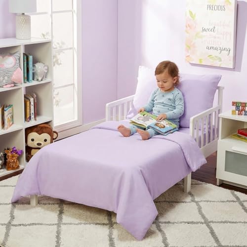 Image of EVERYDAY KIDS 4 Piece Toddler Bedding Set - Includes Comforter, Flat Sheet, Fitted Sheet and Pillowcase - Solid Purple