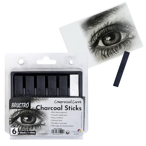 Image of BRUSTRO Artist Compressed Carre Charcoal Sticks - Set of 6 (5 Black & 1 White Stick) | Ideal for Portrait Charcoal Art, Sketching, Shading, Blending, Drawing, Craft, Professional use.
